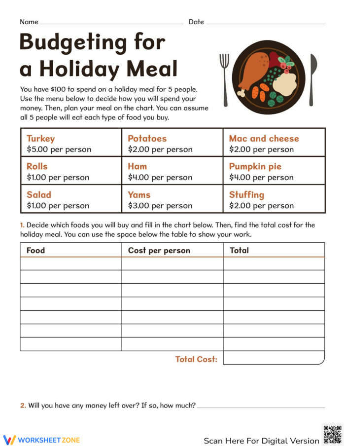 Third grade math worksheet featuring a holiday menu for students to practice budgeting with fractions