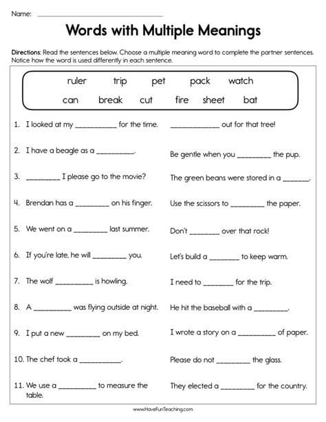 Multiple Meaning Words Worksheet 7 Homograph Practice for Third Grade Third grade students practice identifying the meanings of homographs using sentence clues on a multiple choice worksheet