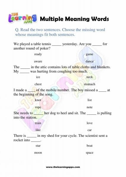 Multiple choice exercise on vocabulary for third grade students Worksheet for practicing multiple meaning words with homographs in context