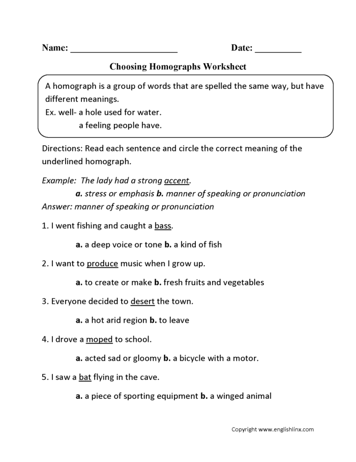 Fifth grade students matching homograph pairs from a word bank to specific clues in an algebra related worksheet