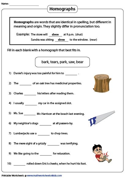 Fifth grade algebra worksheet featuring a word bank to match homograph pairs with corresponding context clues