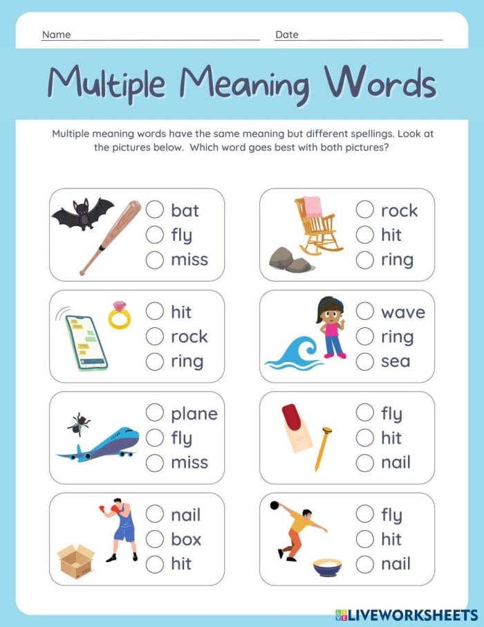 Multiple Meaning Words Practice Worksheet Number 17 Third grade worksheet featuring multiple choice questions to help students identify homographs using context clues