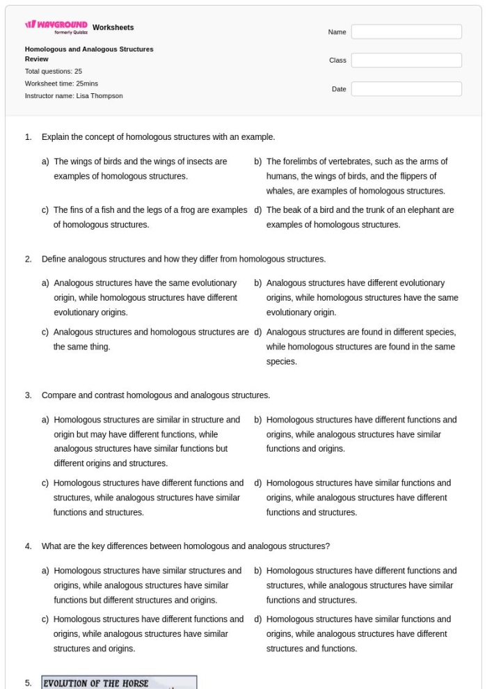 Sixth grade students examining diagrams of similar bone structures in animal limbs to identify homologous features for evolution worksheet number five