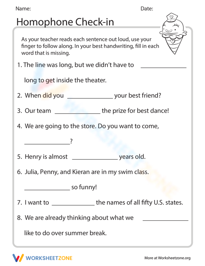 Image of a second-grade reading worksheet focused on homophones and dictation exercises Worksheet showcasing a Homophone Check-in activity for second graders