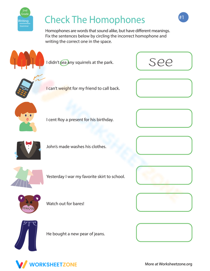 Worksheet image illustrating a dictation exercise on homophones for young readers Homophone Check-in worksheet for second graders focusing on contextual word usage