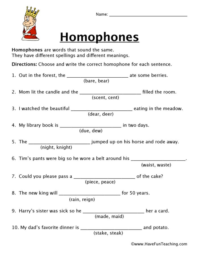 Fifth grade students completing a homophone practice worksheet with fill-in-the-blank sentences