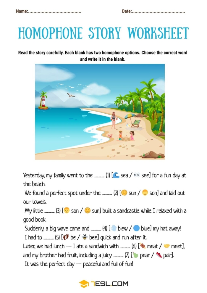 Fifth grade students completing a homophone practice worksheet with fill-in-the-blank exercises