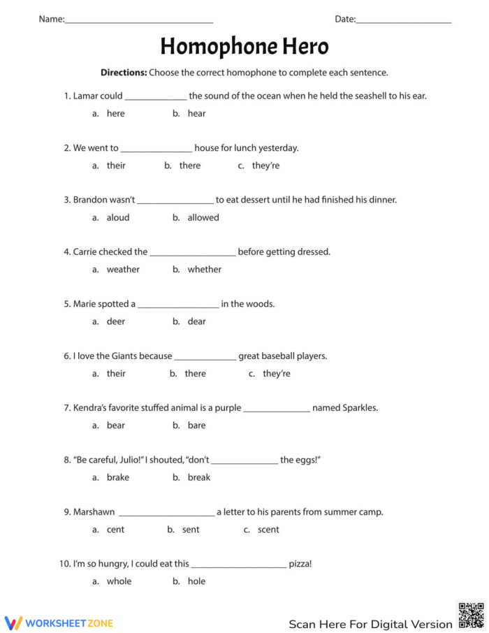 Fifth grade students completing homophone practice exercises with fill-in-the-blank sentences on a worksheet