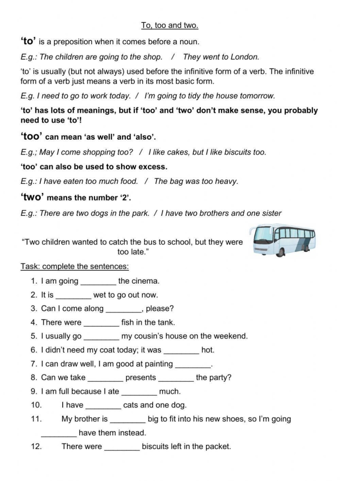 First grade students choosing between to too or two in a homophone practice worksheet