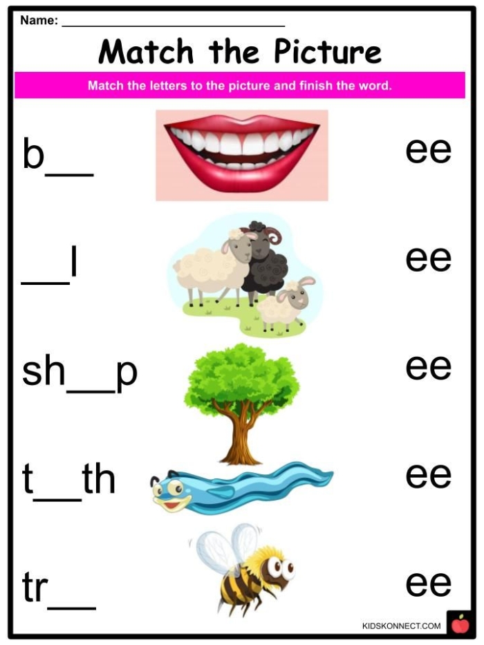 Worksheet featuring homophones with "Ee" and "Ea" for second graders