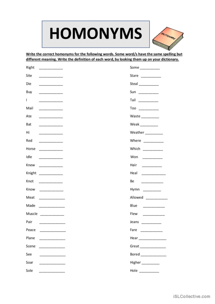 Second grade worksheet showing homophones exercise where students select correct sound-alike words to fill in sentence blanks
