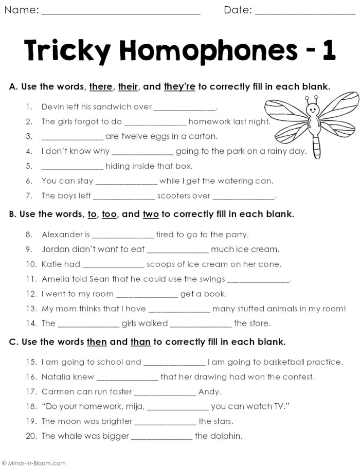Reading worksheet for Fourth Grade Worksheet for fourth graders focusing on tricky homophones such as piece and peace. Tricky Homophones fill-in-the-blanks worksheet for reading practice.