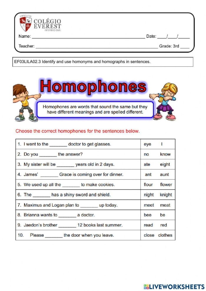 Second grade worksheet focusing on identifying and using homophones in sentences