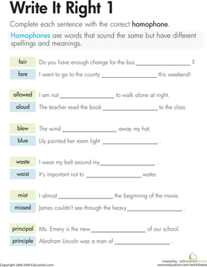 Worksheet featuring the homophones write and right for fourth-grade students