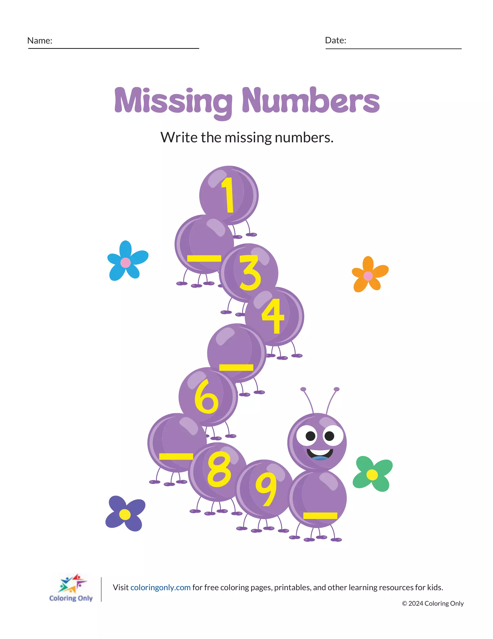 Worksheet for filling in missing numbers 1 to 50 aimed at kindergarten students