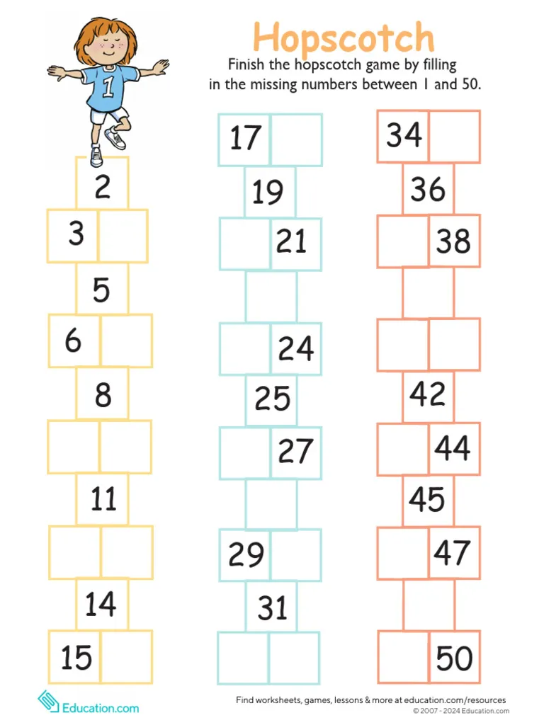 Colorful worksheet featuring the "Hop to the Missing Numbers" activity for kindergarten students. Engaging exercise designed to help young learners identify and fill in numbers from 1 to 50.