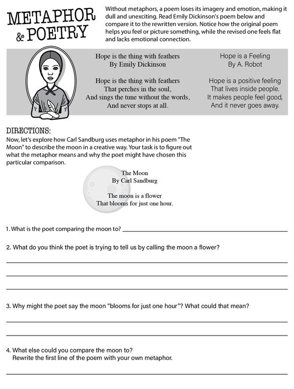 Analyzing a worksheet for Emily Dickinson's poem 'Hope' is the thing with feathers in Spanish for fifth graders