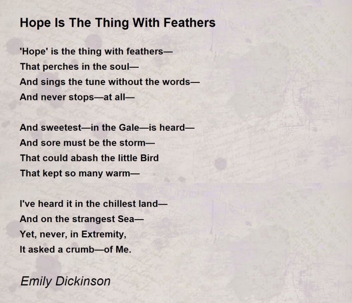 Worksheet for analyzing Emily Dickinson's poem 'Hope' is the thing with feathers for fifth graders