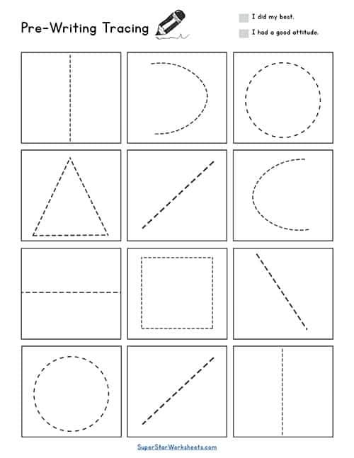 Pre-K student practicing tracing horizontal lines on a worksheet to improve fine motor development