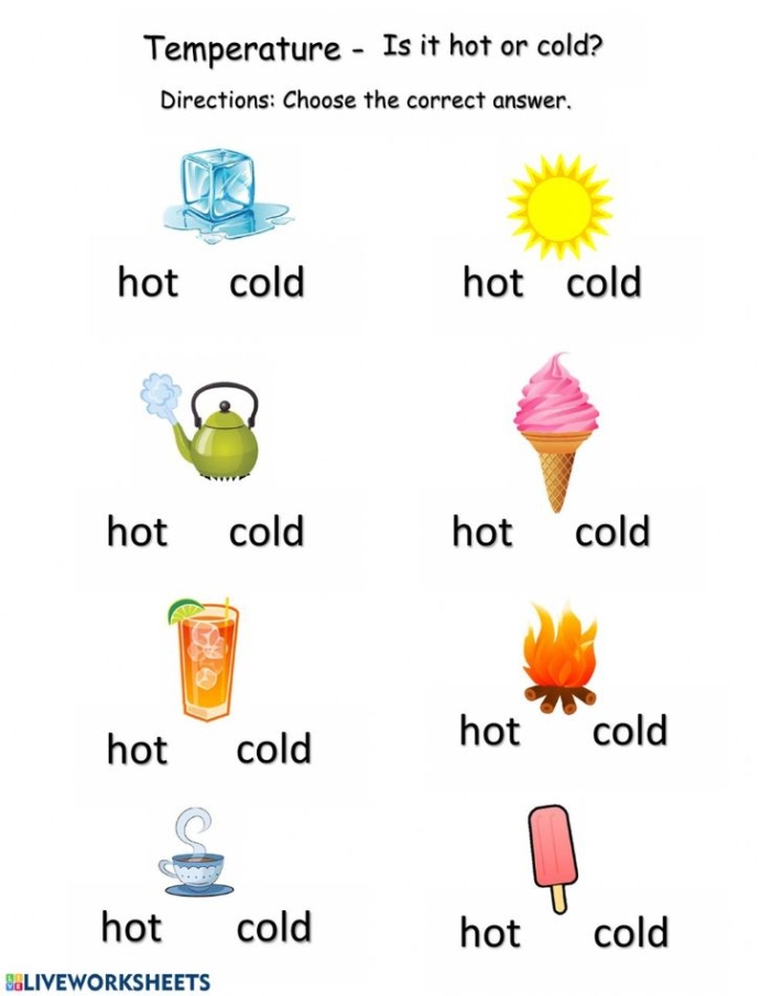 Hot or Cold Sorting Activity for Preschool Statistics Practice 3 Pre-K worksheet where students classify nine different items into hot or cold categories