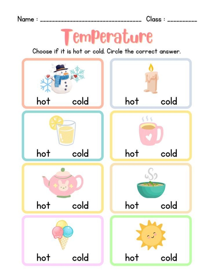 Temperature worksheet activity showing kids pairing clothes with thermometer readings for hot or cold weather First graders matching winter and summer clothing to hot and cold thermometers on a temperature worksheet