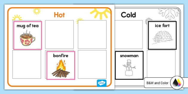 Statistics worksheet for Pre-K Children engaging with the Hot or Cold? worksheet, sorting items into categories. Visual representation of a fun statistics activity for Pre-K students.