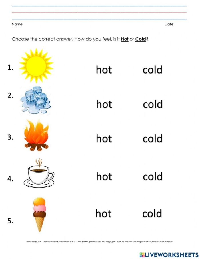 Temperature Hot or Cold matching activity with clothes and thermometer symbols for young learners First grade science worksheet showing clothing items matched with hot and cold thermometers for temperature learning