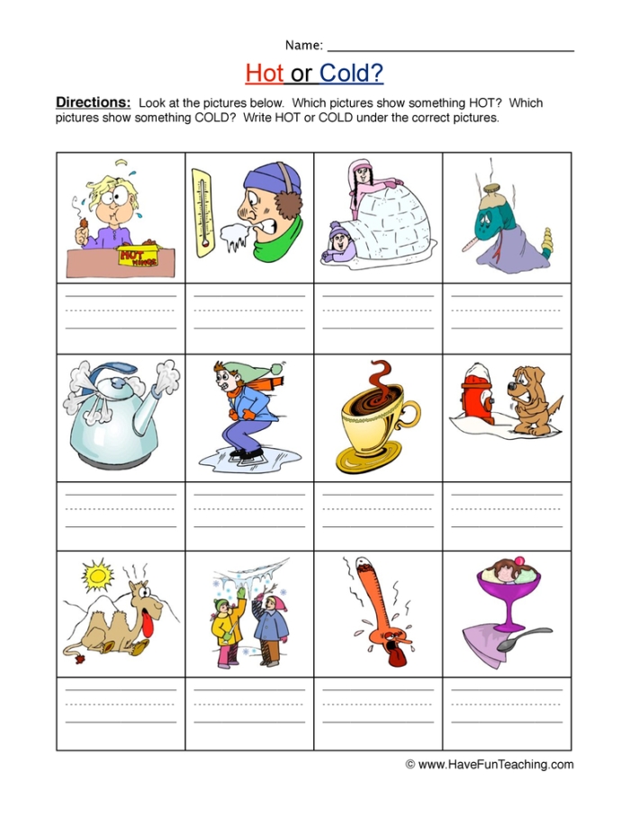 Temperature Hot or Cold Science Worksheet for First Grade 17 First grade geography worksheet matching clothing items to hot or cold thermometer temperatures