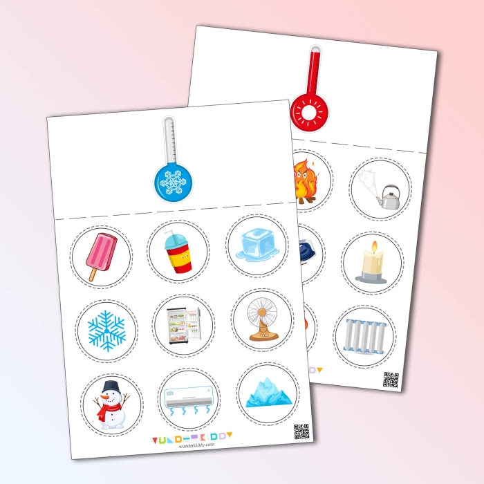 Hot or Cold Worksheet 17 for Preschool Classification Skills Pre-K worksheet where children classify nine different items into hot or cold temperature categories