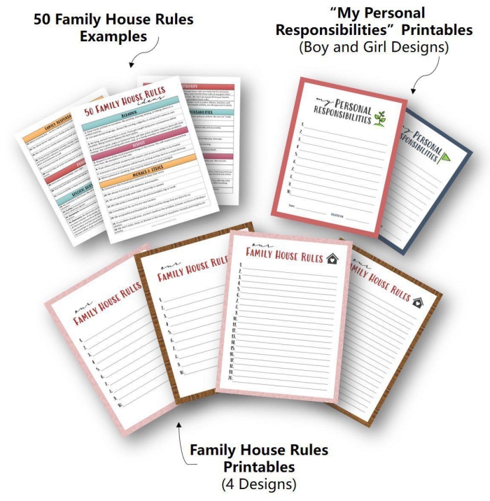 Writing worksheet for Colorful House Rules worksheet designed for kids to create their own rules poster. House Rules worksheet for creative writing in family settings.
