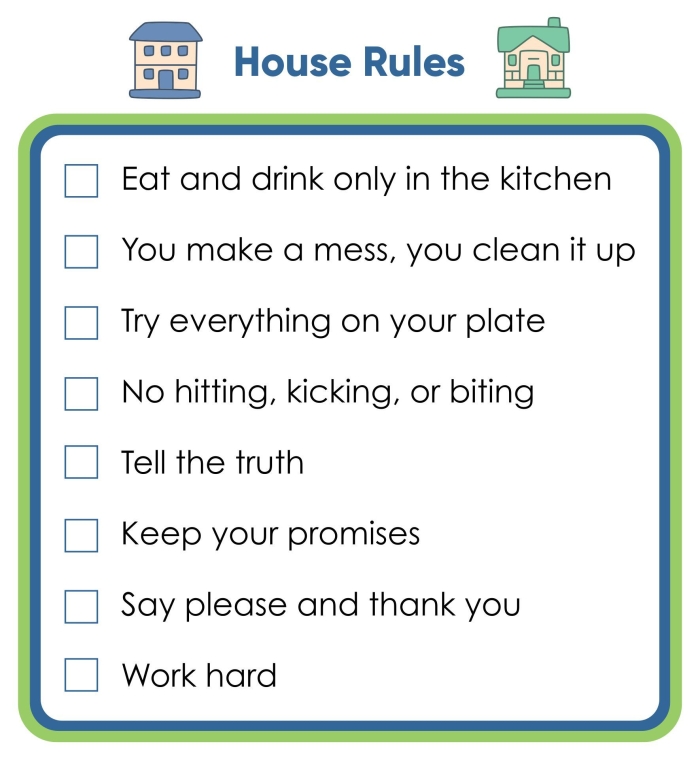 Creative poster-making activity for establishing house rules in a fun way House Rules worksheet featuring a child creating a poster for their own family rule