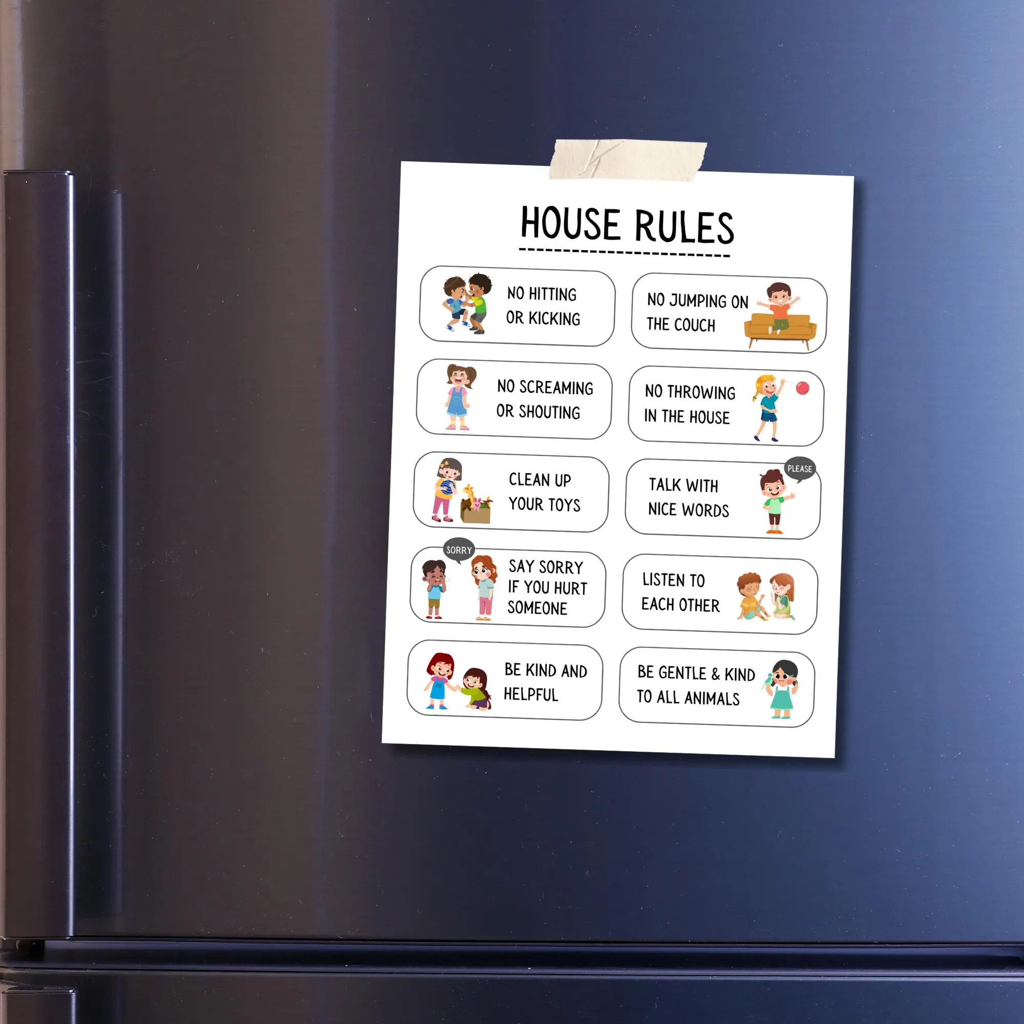 Creative House Rules poster activity for children House Rules worksheet for kids featuring a child creating a poster