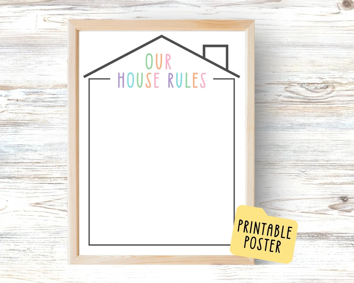 Creative writing activity for kids to establish family guidelines House Rules worksheet featuring a child creating a poster for their own house rule