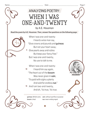 Analyzing Poetry: “When I Was One-and-Twenty” by A.E. Housman worksheet for Sixth Grade