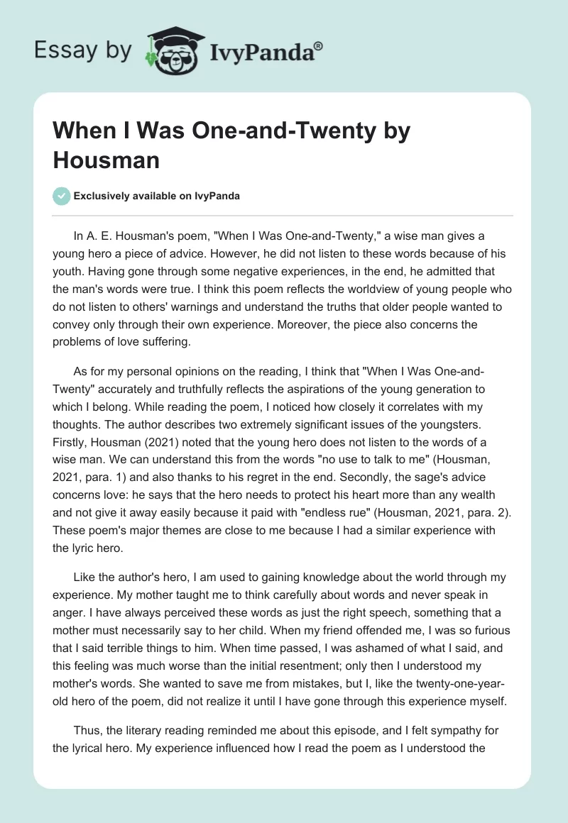 Analyzing Poetry: “When I Was One-and-Twenty” by A.E. Housman worksheet for Sixth Grade