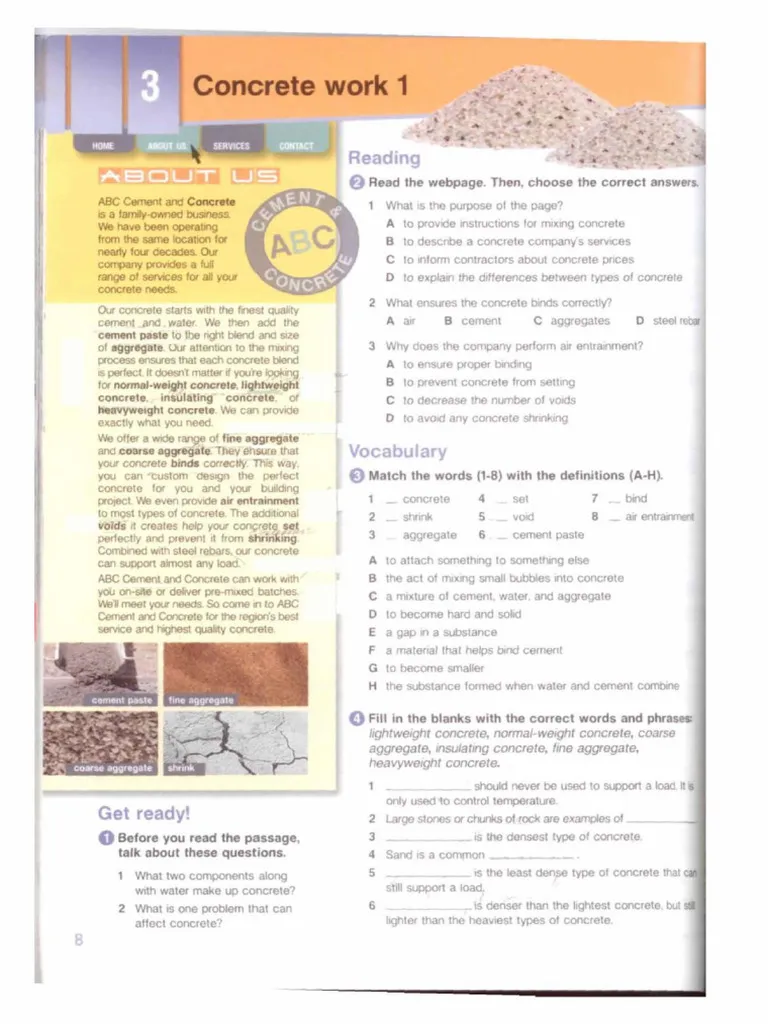 How Concrete Is Made? Educational Worksheet for Middle School Students Detailed illustration of the concrete-making process for a sixth-grade chemistry worksheet