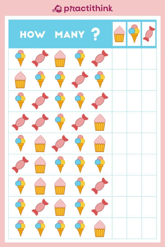Kids engaging with a colorful worksheet featuring shapes, colors, and counting activities. Pre-K multi-skill practice page for learning how to count and sort.