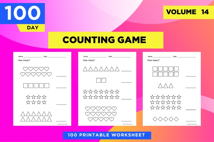 Pre-K worksheet page featuring shape and color counting exercises for early learners