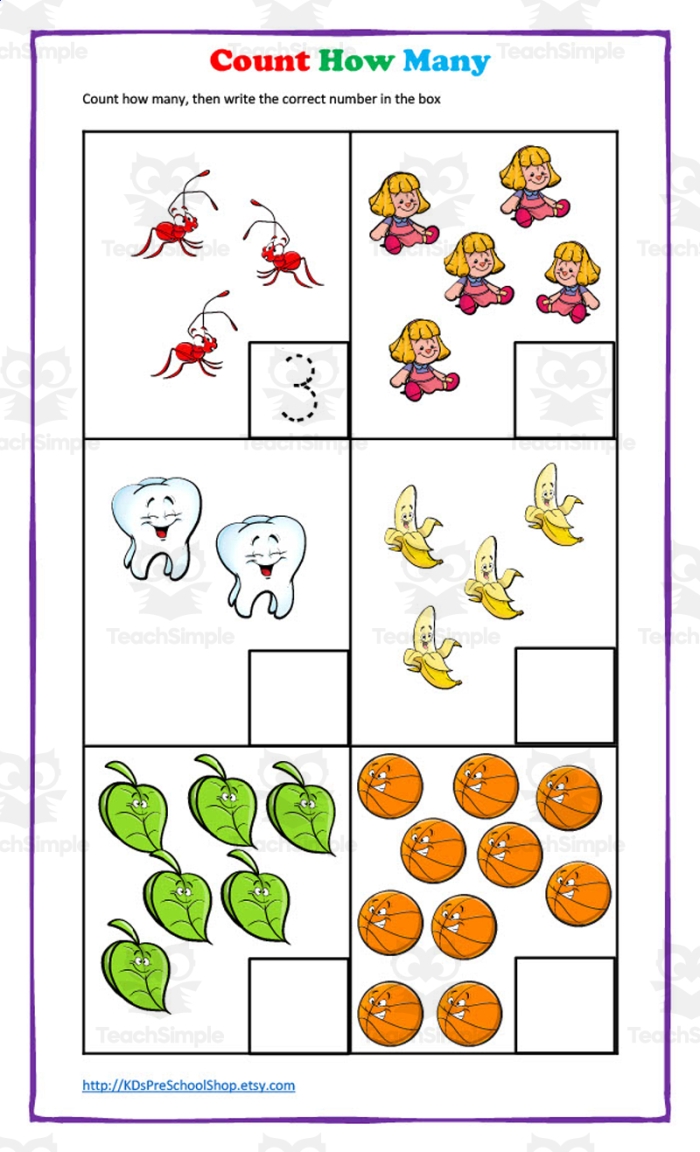 Pre-K worksheet page featuring shape identification and counting exercises for young learners