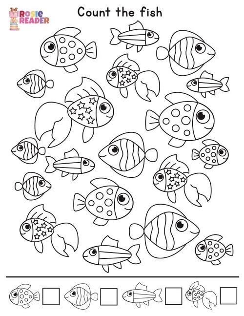 Counting worksheet for preschoolers with a fun fish theme