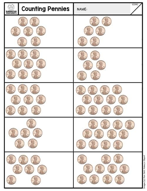 Worksheet image showing a counting activity with pennies for kindergarten students