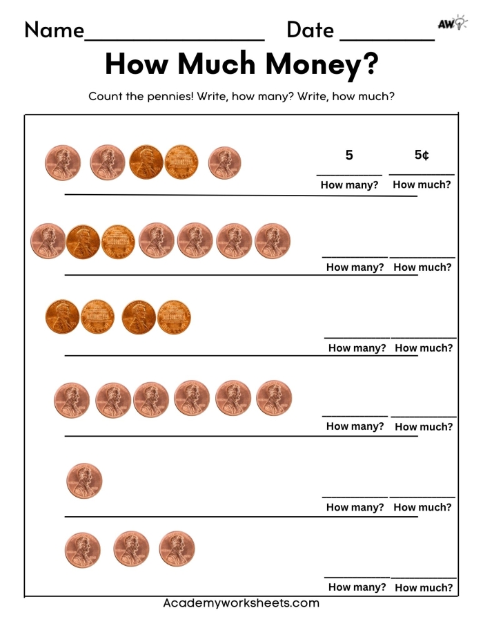 Worksheet image featuring a counting activity with pennies for kindergarten students