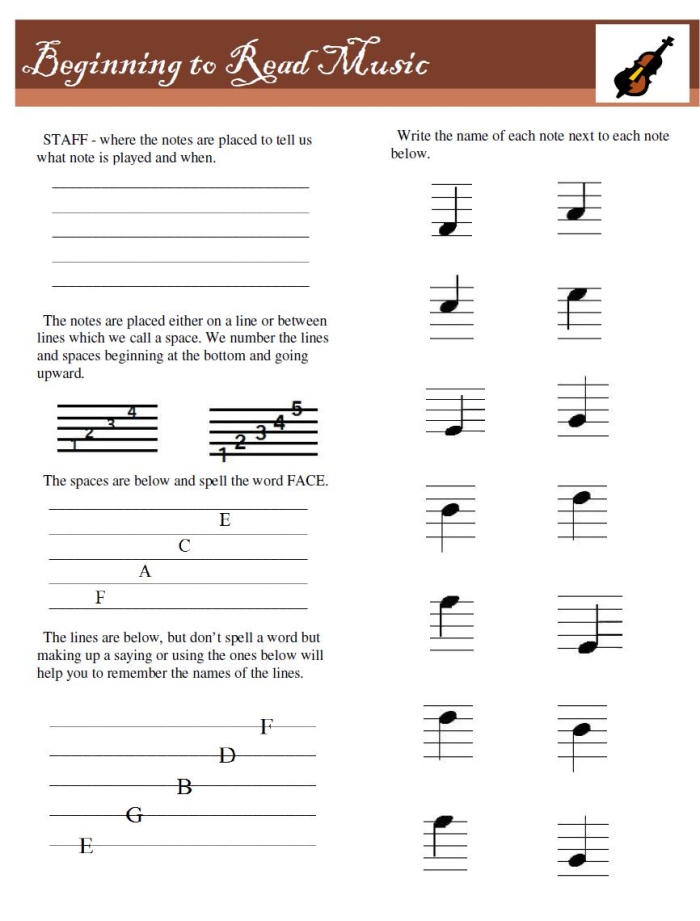 Fourth grade student learning to read musical notes and staff lines on a worksheet