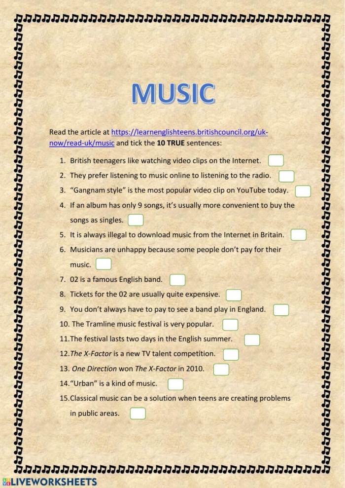 Fourth grade music theory worksheet featuring basic note reading exercises for beginners