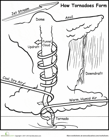 Worksheet illustrating how tornadoes develop, designed for fifth-grade algebra learners Diagram of tornado formation and the scientific principles behind it for students