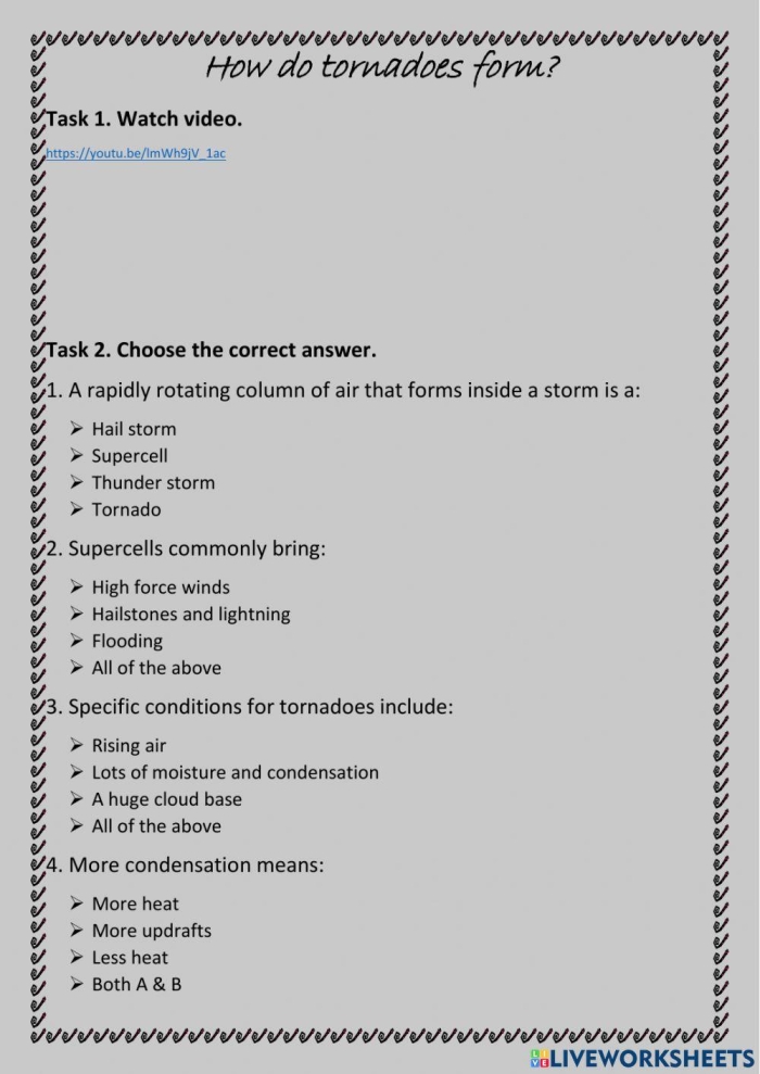 Worksheet titled "How Tornadoes Form" for fifth graders studying weather phenomena Diagram illustrating the formation of tornadoes, designed for a fifth-grade science worksheet
