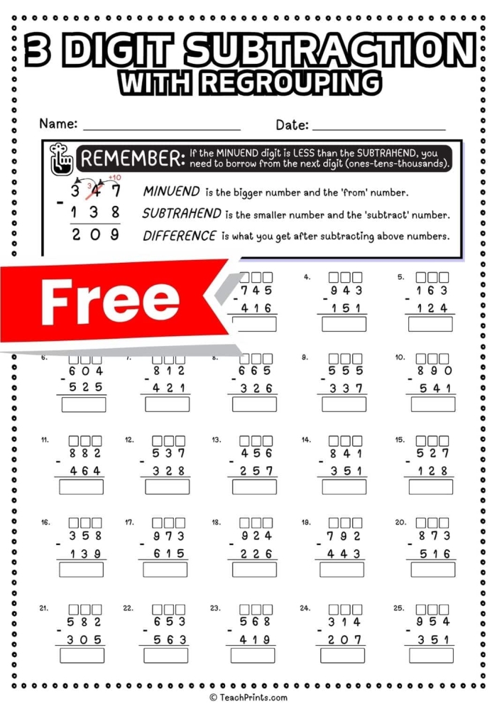 Hula Hoop worksheet featuring three-digit subtraction problems for third graders Children practicing three-digit subtraction with regrouping in a colorful hula hoop-themed worksheet