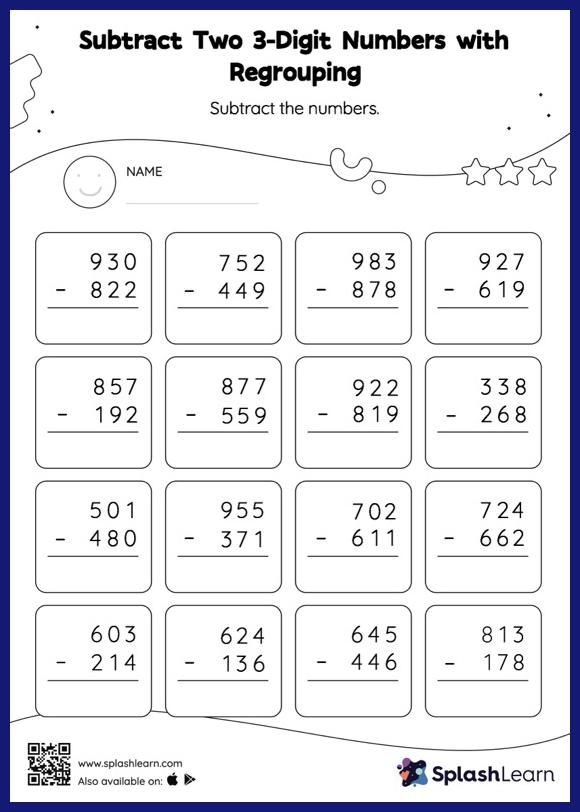 Fun and educational Hula Hoop subtraction worksheet for third graders Kids engaging with a Hula Hoop-themed worksheet on three-digit subtraction with regrouping