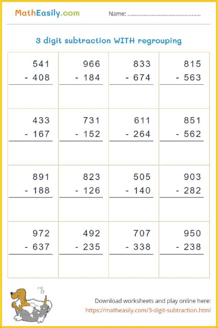 Three-Digit Subtraction with Regrouping Worksheet for Third Graders Children working on a three-digit subtraction worksheet featuring hula hoops and regrouping exercises