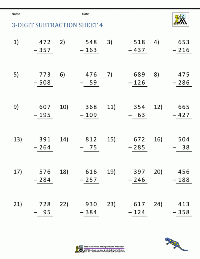 Engaging third-grade math worksheet focusing on three-digit subtraction skills Children practicing three-digit subtraction with regrouping on a fun Hula Hoop worksheet